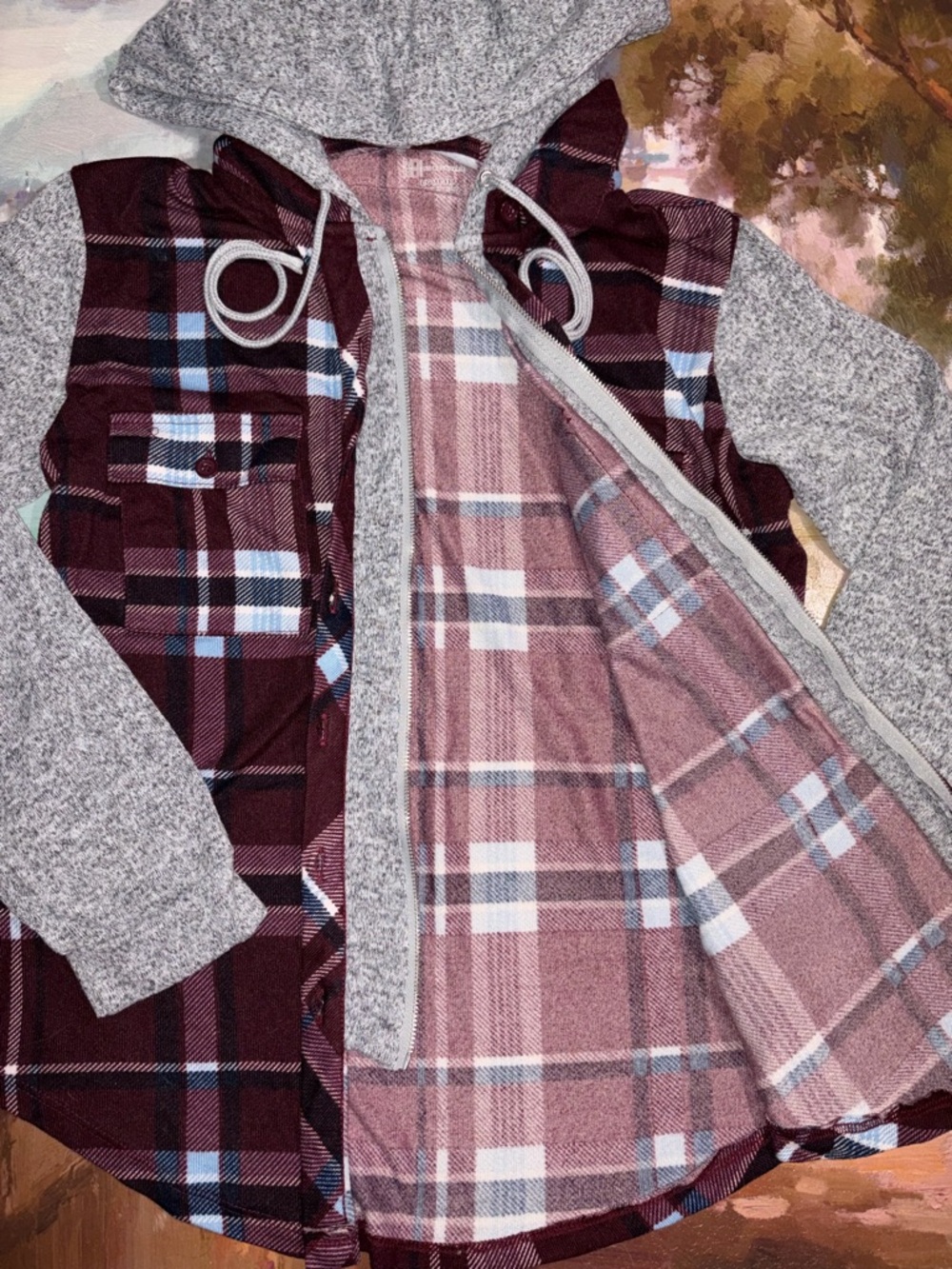 No Boundaries Burgundy Plaid Jacket with Gray Knit Hood & Sleeves